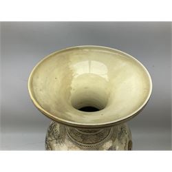 Pair early 20th Century Japanese floor vases of ovoid form, painted with warriors and elders within geometric designs and gilding, H61cm