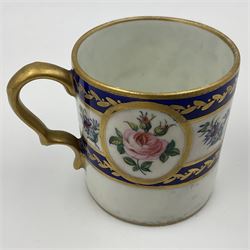 19th Sèvres style porcelain cup and saucer, the cup painted with a figural scene, against a scalloped border of scrolling floral swags on a blue ground, together with a Sèvres soft paste porcelain coffee can and saucer, painted with panels of exotic birds, roses and a border of cornflowers, LL monogram enclosing date letters H above painters mark, coffee can H6.5cm, saucer D13.5cm (2)