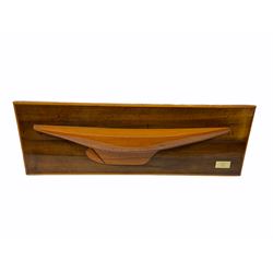 Ship builders half block pitch pine hull model upon mahogany backboard, bearing plaque 'Troll 1905', L103.5cm H35cm