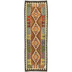 Chobi Kilim runner, the field decorated with lozenges, within geometric borders 