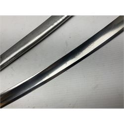 Early 19th century French Lancers officer's sword c1810, the 84cm curving fullered blade retaining most of its bluing, gilding and engraved decoration, inscribed I.S.& C. to ricasso (for Schimelbusch), brass three-bar hilt with elongated elliptical langets and wire-bound leather grip; in polished steel scabbard with two brass suspension rings L100cm overall