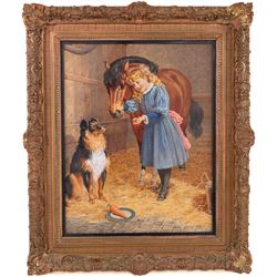 Augustus Jules Bouvier (French/British 1827-1881): 'A Treat for the Pony', watercolour possibly signed beneath the mount, titled on The Carroll Galleries label verso 41cm x 32cm