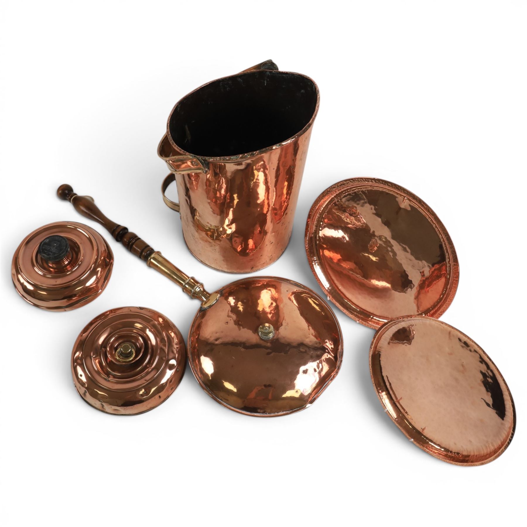 Copper coal bucket, together with two foot warmers, two trays and copper bed pan 