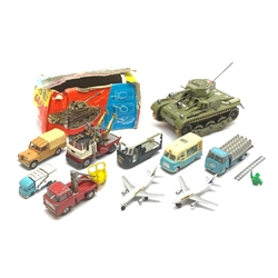 Corgi - five unboxed and playworn die-cast models including Smith's Karrier Van, ERF lorry No.44 with Milk Churn Cargo No.1487, Holmes Wrecker etc; Spot-On E.D. Milk Float; two Matchbox Airbuses and boxed Gama clockwork tin-plate tank etc