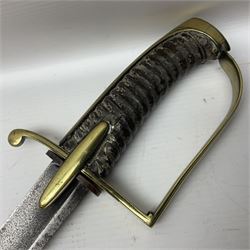 18th century French Light Dragoons trooper's sword c1770, the 84cm curving fullered blade with traces of engraved battle trophies, brass hilt with knucklebow, oval langets and leather grip L97cm overall (no scabbard)