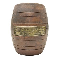 Treen miniature barrel with brass plaque entitled 'From the Teak of HMS Iron Duke Admiral Jellicoe's Flag Ship Jutland 1916' H17cm