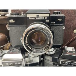 Four Zeiss Ikon camera bodies, to include, Contaflex Super B camera body, serial no. B31591, with 'Carl Zeiss Tessar 2.8/50 lens, serial no.3425553, Contaflex Super BC camera body, serial no. P81728, with 'Carl Zeiss Tessar 2.8/50' lens, serial no 4822280, etc, together with three cased lenses; 'Carl Zeiss Pro-Tessar 1:4 f=115mm' lens, serial no 3734740, 'Carl Zeiss Pr-Tessar 1:3.2 f=85mm' lens, serial no. 3647764 and 'Carl Zeiss Pr-Tessar 1:3.2 f=35mm' lens, and other Zeiss Ikon equipment 