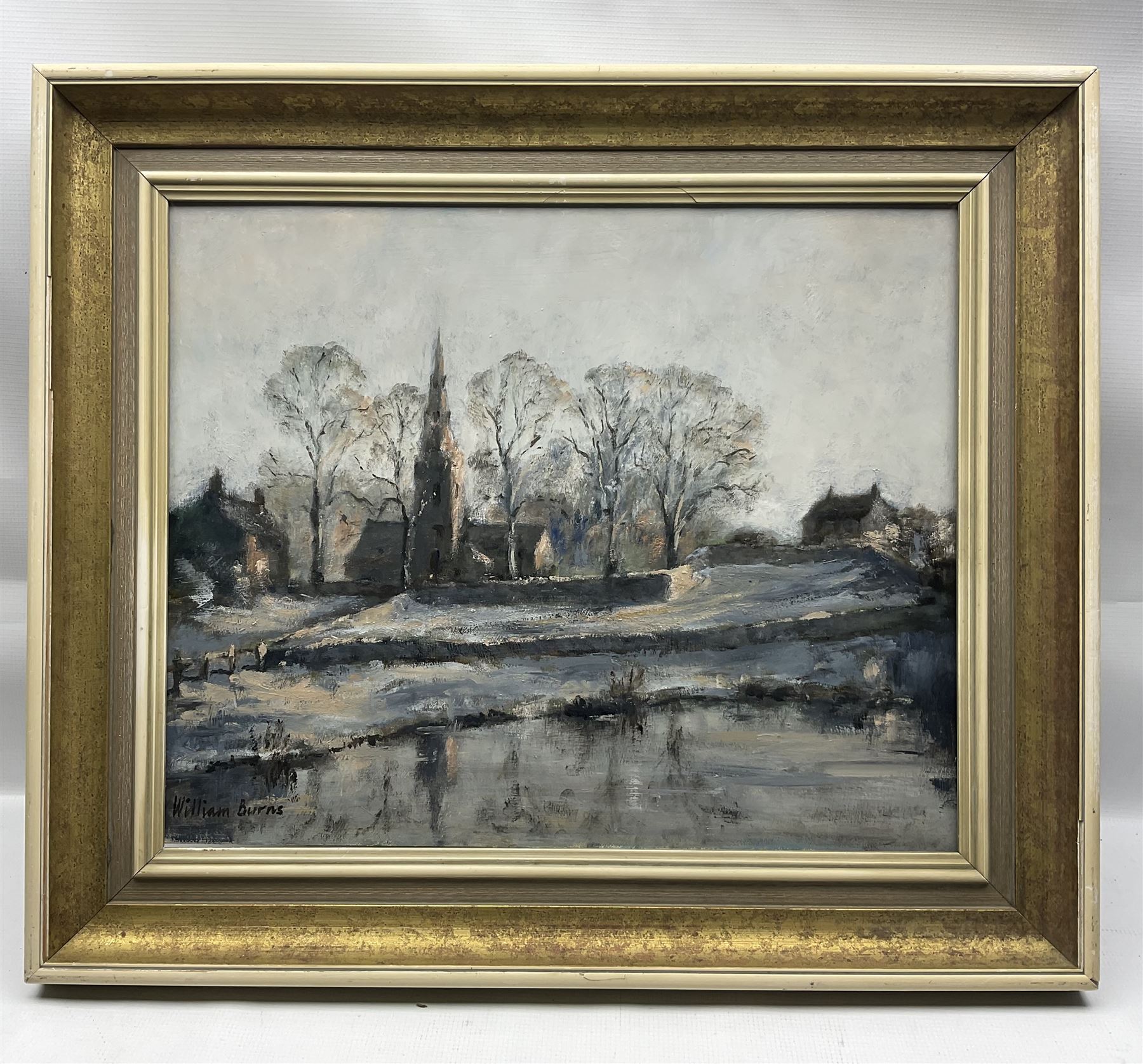 William Burns (Northern British 1923-2010): 'Winter Scene', oil on board signed, titled verso 40cm x 50cm Provenance: Direct from the family of the artist.
Notes: Born in Sheffield in 1923, William Burns RIBA FSAI FRSA studied at the Sheffield College of Art before the outbreak of the Second World War, during which he helped illustrate the official War Diaries for the North Africa Campaign, and was elected a member of the Armed Forces Art Society. On his return, he studied architecture at Sheffield University and later ran his own successful practice, being a member of the Royal Institute of British Architects. However, painting had always been his self-confessed 'first love', and in the 1970s he gave up architecture to become a full-time artist, having his first one-man exhibition in 1979.
