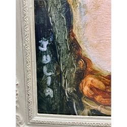 Raymond Arthur Roadnight (British 1941-): 'Julia', oil on board titled in the artist's hand 44cm x 34cm 
Provenance: the artist's studio collection. Born in High Wycombe, Roadnight spent three years training under Patrick Reyntiens and John Piper creating stained glass windows for Liverpool and Coventry cathedrals. These works included the great baptistry window in the New Coventry Cathedral, the 'Lantern' atop the Catholic Cathedral in Liverpool, and the grand windows in Oundle School Chapel. He has exhited at Royal Academy, Alfred East Gallery, Chichele College in Higham Ferriers, and Burleighfield House in Loudwater.