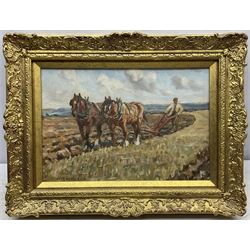 James William Booth (Staithes Group 1867-1953): The Plough Team, oil on canvas board signed, inscribed on various labels verso 26cm x 39cm 
Provenance: private collection, purchased Tennants Auctioneers 18th November 2010 Lot 1010