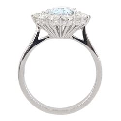 18ct white gold oval aquamarine and round brilliant cut diamond cluster ring, hallmarked, aquamarine approx 2.45 carat, total diamond weight approx 1.20 carat