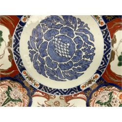Large early 20th century Japanese Imari wall charger, the centre painted with stylised blue roundel, surrounded by alternating shaped panels of flowers and phoenix, and foo dogs, D46cm