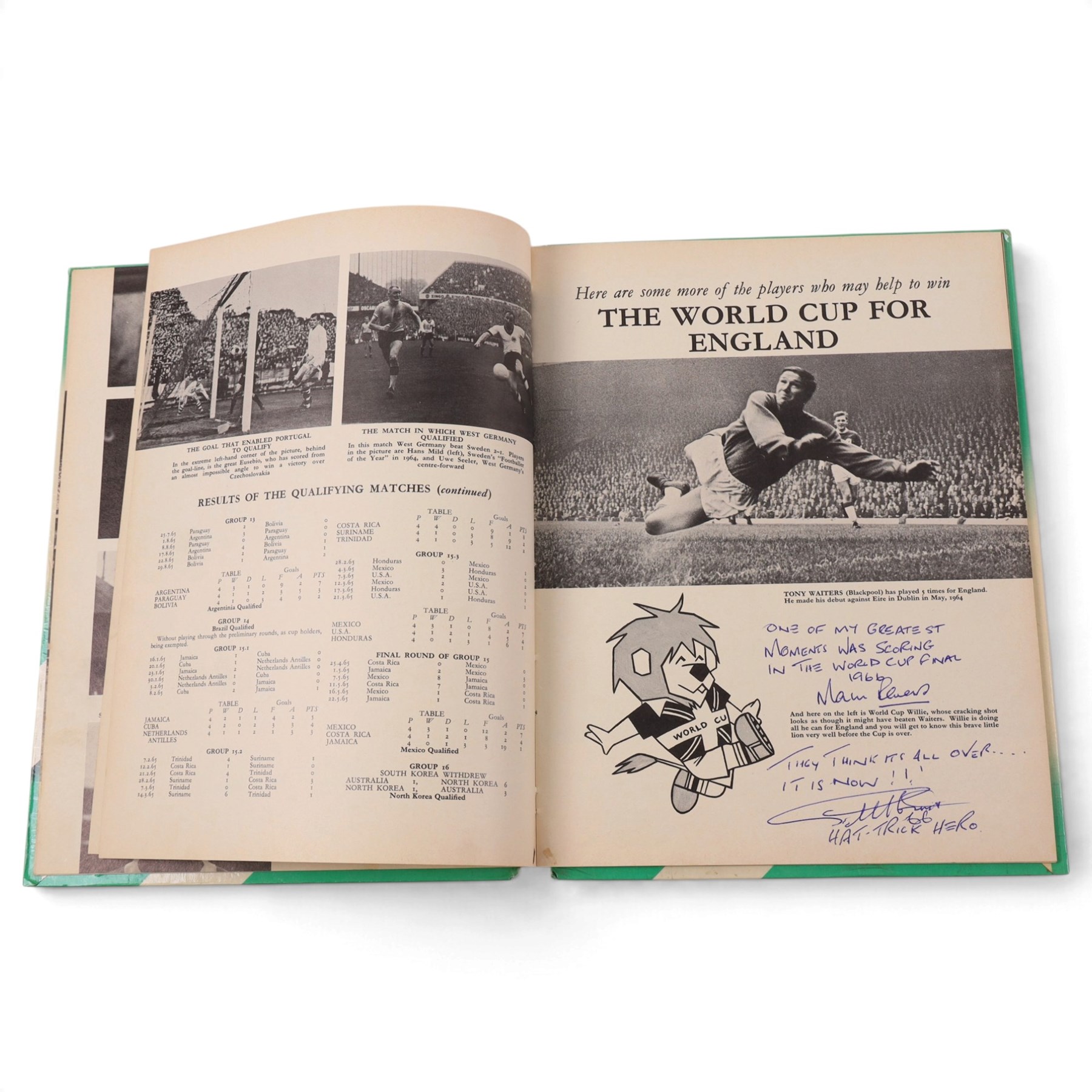 'World Cup 1966 England' hardback book, signed to inner front page by thirteen legendary footballers, to include Bobby Moore, Pele, George Cohen, Bobby Charlton, Alan Ball, Nobby Stiles, Roger Hunt, Peter Thompson, Kenneth Wolstenholme, Jairzinho, Garrincha, Martin Peters and Geoff Hurst, with certificate of authenticity from Chaucer Auctions