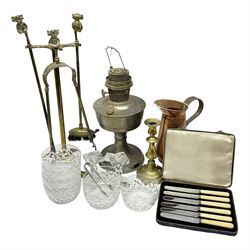 Set of cut glass bowls and two knife rests, together with a brass fireside companion set with Lincoln imp finials and other metal ware