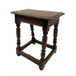 Georgian style oak joint stool, the pegged and moulded rectangular top on splayed turned supports joined by stretcher rails