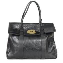 Mulberry Bayswater handbag, black mock crocodile-embossed leather with rolled leather top ...