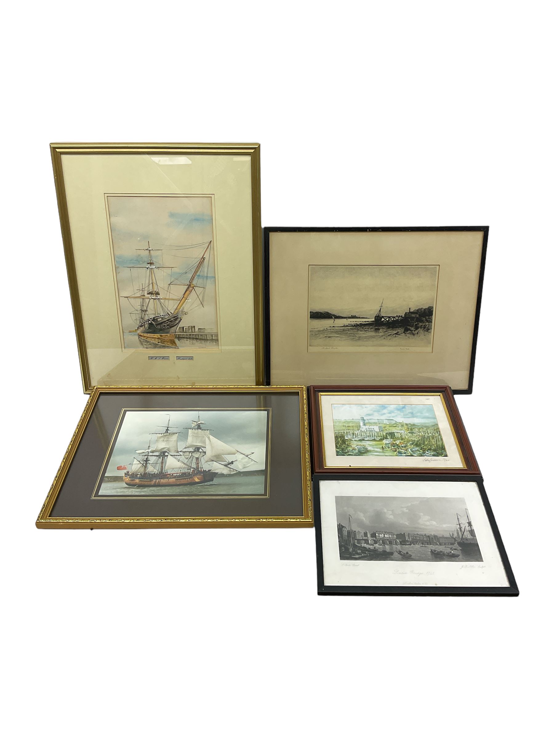 Richard Smythe (British 1863-1934): 'Menai Straits' Wales, etching signed and titled together with four shipping prints max 38cm x 26cm (5)