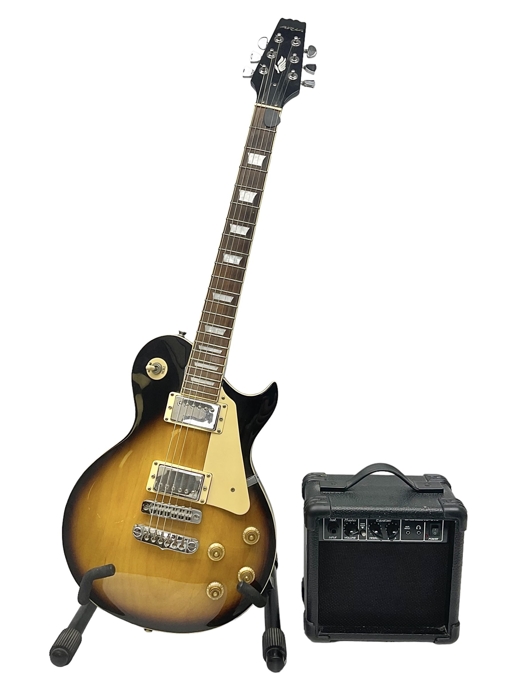 Aria Les Paul style electric guitar, no.037704CH L102cm; with amplifier, soft carrying case and stand; together with various guitar songbooks etc
