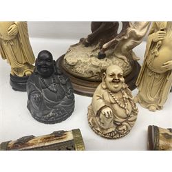 Composite figure of a couple upon a rearing horse, together with a collection of resin immortals and two bone chests 