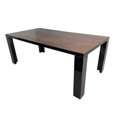 Large American walnut rectangular dining table on square block supports, together with set eight high back dining chairs with cream upholstered seats, the top and chair backs with matching inlaid geometric banding