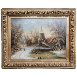 A Wilkow (Polish 19th/20th Century) Blacksmith's Workshop in a Winter Landscape, oil on canvas signed 71cm x 97cm in heavy ornate plaster gilt frame