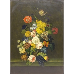  'Still Life of Flowers and Fruit', 20th century oil on panel unsigned 55cm x 40cm  