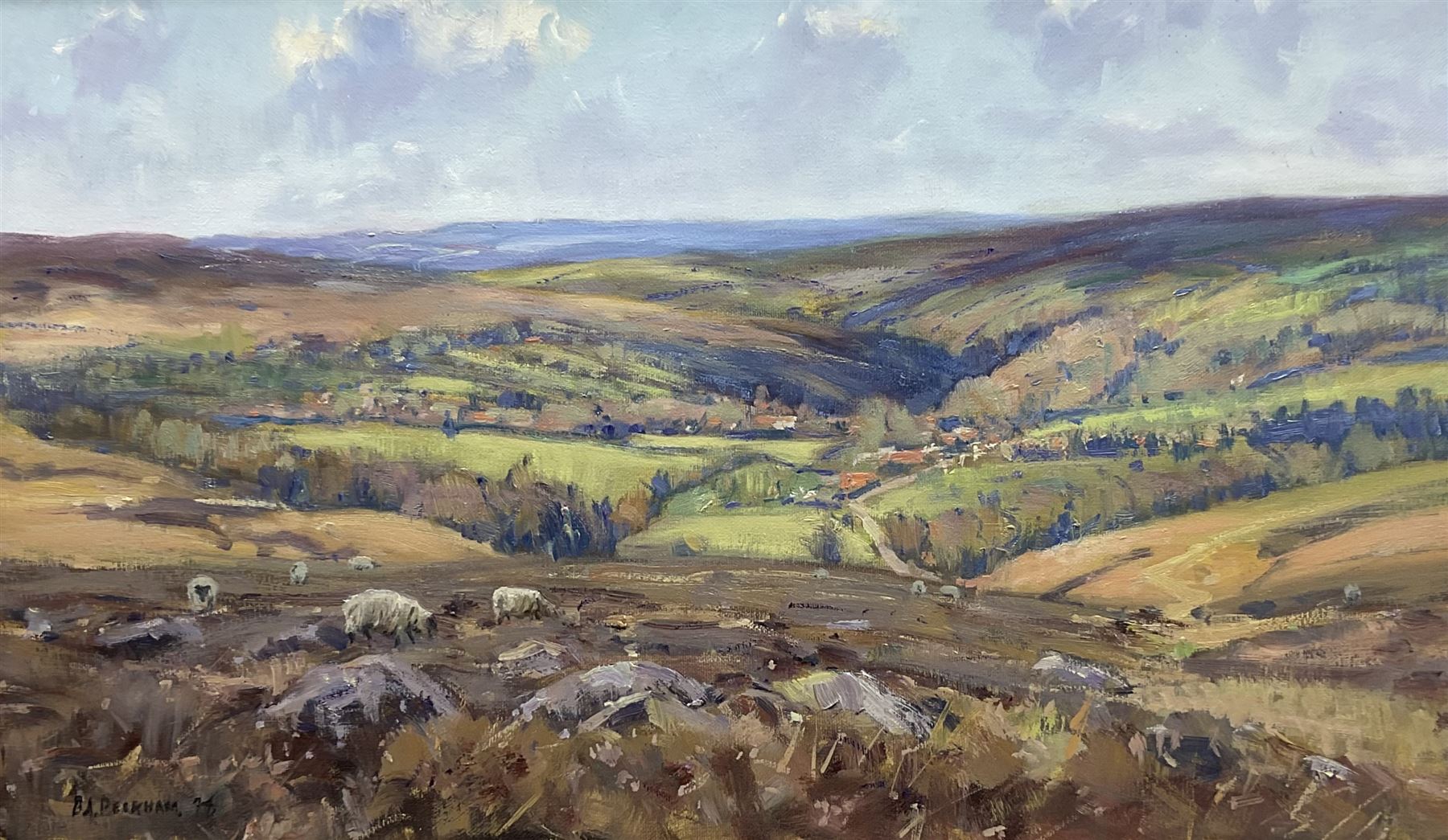 Barry Arthur Peckham (British 1945-): Sheep Grazing on Sleights Moor, oil on board signed and dated '74, 29cm x 50cm