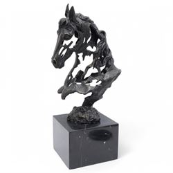Bronze figure, modelled as a stylised horses head, upon a square marble plinth, signed and bearing foundry mark, overall H41cm