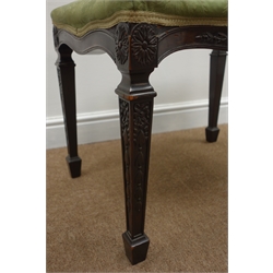  Early 20th Century Hepplewhite style mahogany serpentine stool, upholstered top with rosette and ribbon-tied flower carved frieze and square tapered supports with spade feet, W57cm, D42cm, H46cm  