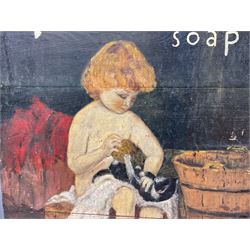 Pair of hand painted wood Pears soap shop advertising signs, one depicting a boy with a cat and the other a girl by a fireplace, H65.5cm