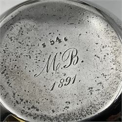 Late Victorian silver bachelors three piece tea service, comprising bullet shaped teapot, open sucrier and milk jug, each engraved with monogram surrounded by birds upon and amidst a blossoming vine, the teapot with scroll capped curved wooden handle and wooden finial to cover, hallmarked Wakely & Wheeler, London 1890, teapot including handle H12cm, sucrier H5.5cm 