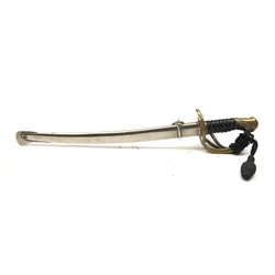  20th century French miniature sword. 22cm curved blade stamped Depose, hilt with pierced brass guard and pommel, ribbed grip with knot, L30cm in steel scabbard  