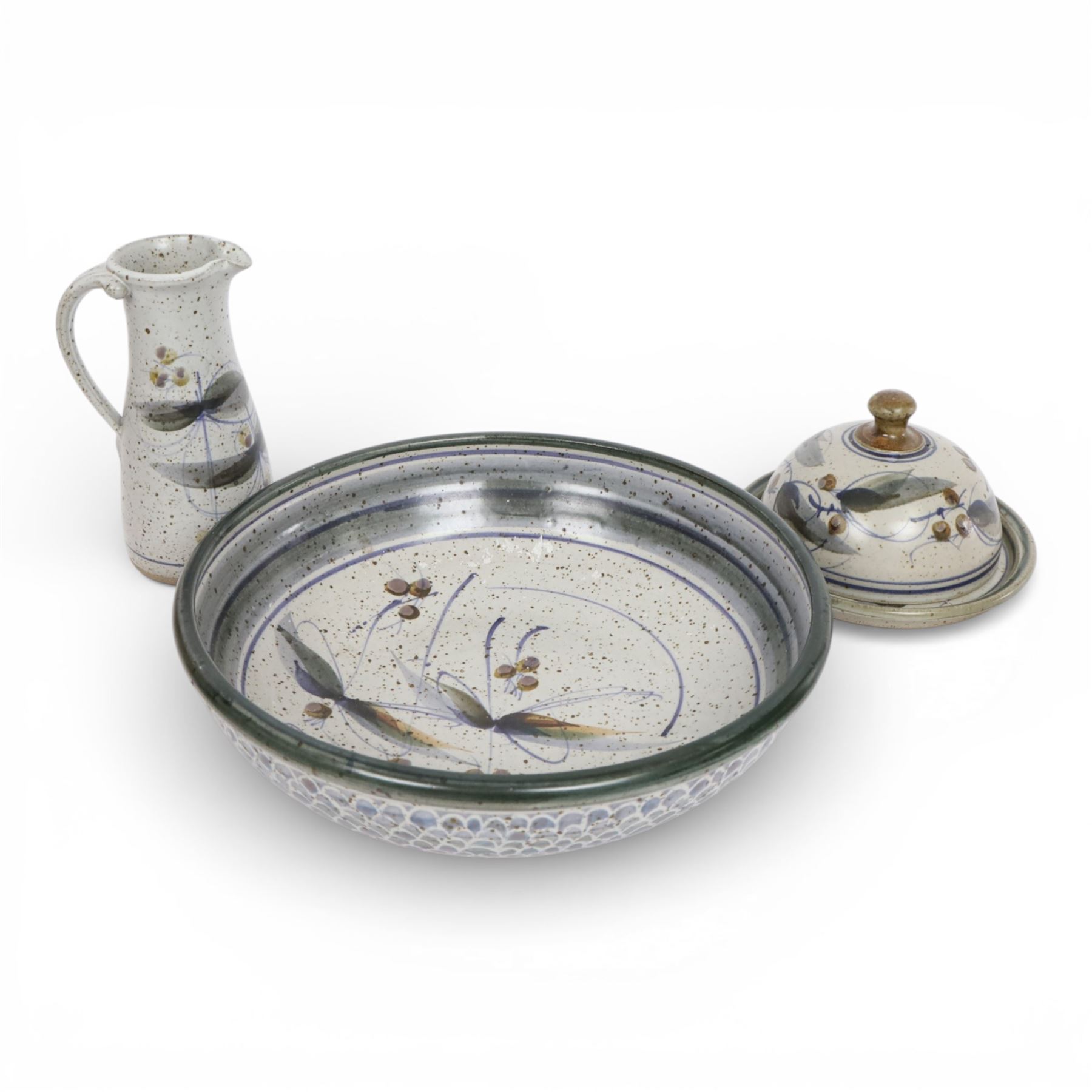 Large Andrew Hague Askrigg Studio Pottery bowl, with abstract foliate design and speckled glaze to the interior, and scale effect to the interior, H9.5cm D35.5cm, together with a cheese keeper and jug, also by Andrew Hague in matching design, each with impressed marks beneath