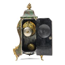 Late 19th century mantel clock in stained green tortoiseshell Boulle work case with white and blue enamel dial, bell strike and gilt metal mounts on shaped supports H30cm