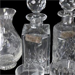 Four glass decanters with three silver labels for gin sherry and whisky, hallmarked Birmingham 1984, together with two Stuart Crystal vases and set of four Galloway glasses