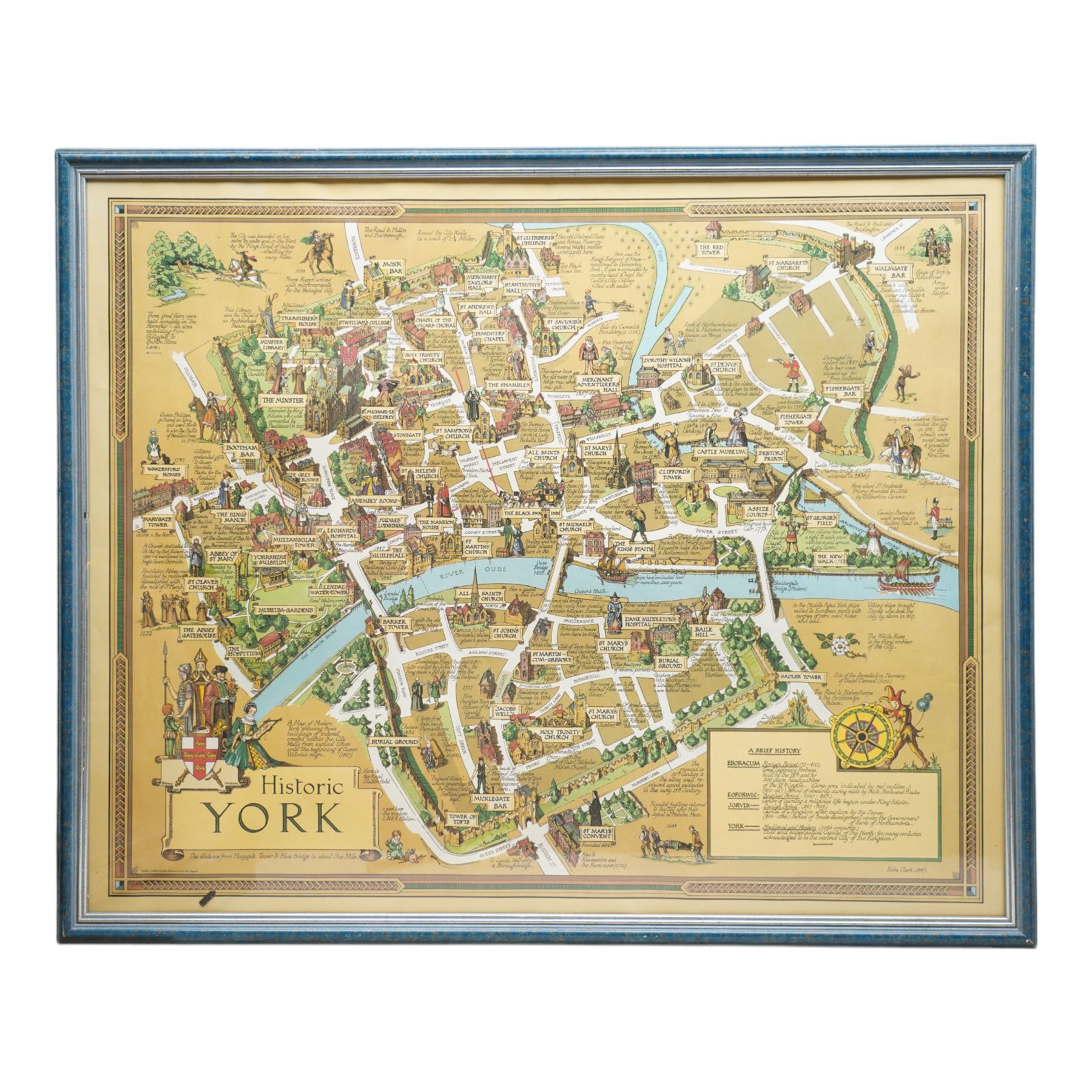 After Estra Clark (British 1904-1993): 'Historic York', gold ground colour map pub. Ben Johnson & Co Ltd. York 1947, 51cm x 64cm