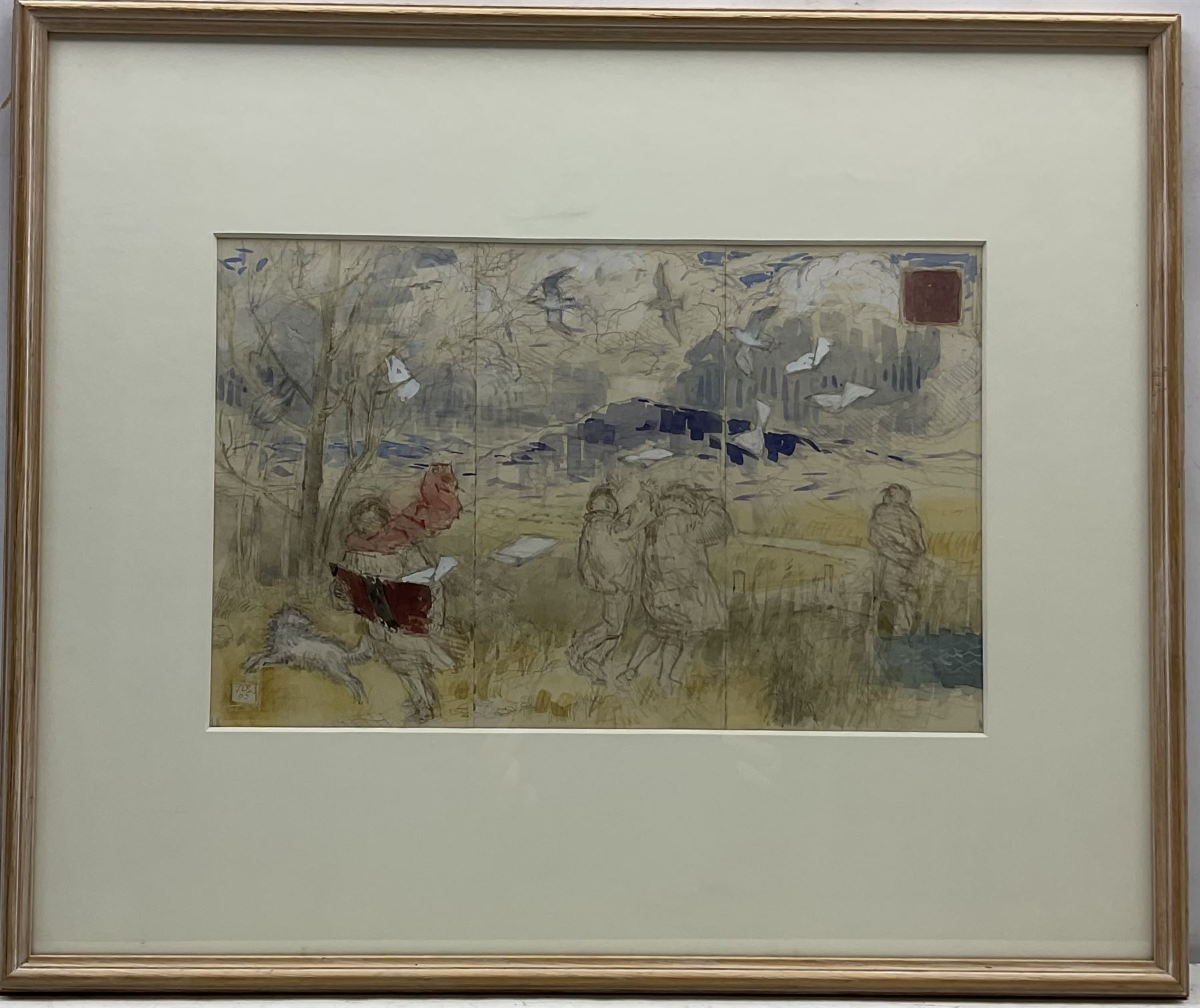 Jacqueline Rizvi NEAC (British 1944-): 'Study for a Three-Fold Screen, Leaves to Birds', watercolour and bodycolour on cream toned paper signed with initials and dated '05, 27cm x 42cm
Provenance: exh. Alpha House Gallery, Sherborne, Dorset; with The New Academy of Arts Gallery, London, labels verso