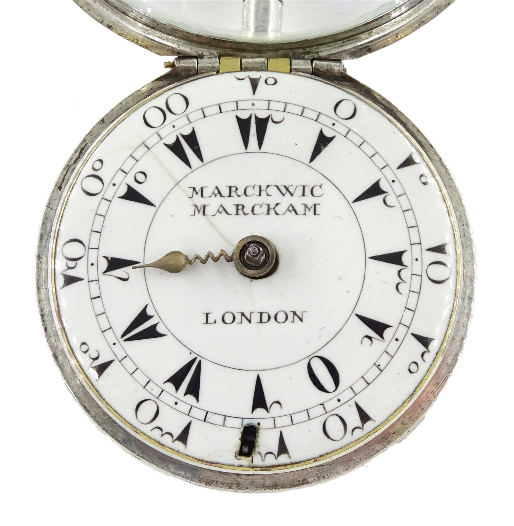 18th century silver pair cased verge fusee pocket watch for the Turkish market by Markwick Markham (London ca.1725-1805), square baluster pillars, pierced and engraved balance cock, white enamel dial with Turkish numerals