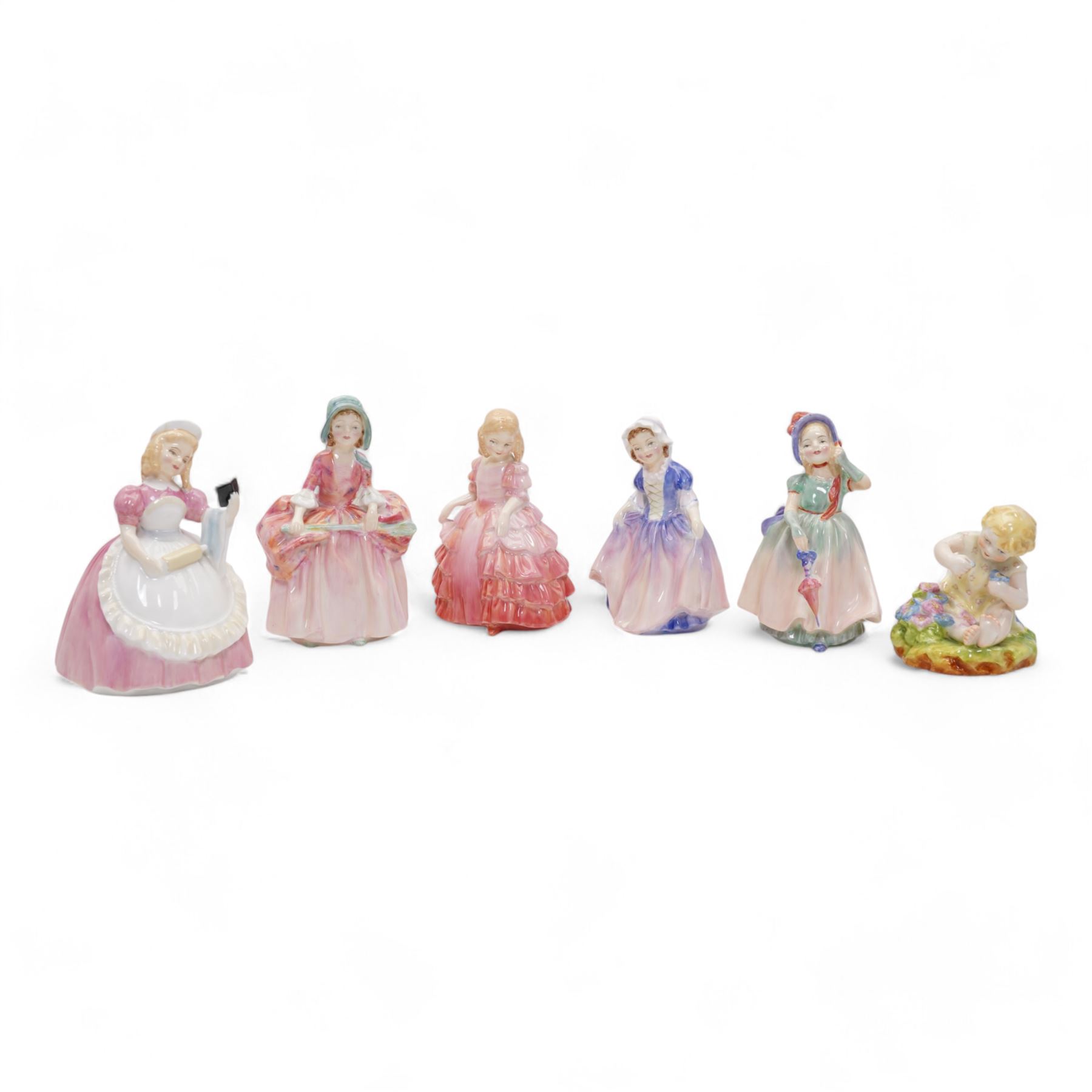 Five Royal Doulton figures comprising 'Rose', 'Dinky Do', 'Bo Peep', 'Cookie' and 'Babie', together with a Royal Worcester figure 'Mischief' modelled by F.G. Doughty (6)