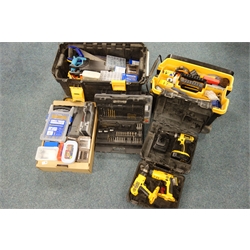  DeWalt DC725 cordless drill and two other DeWalt cord less drills, Performance power drill bit set, a large selection of hand tools in two portable tool boxes and a large selection of screws and fixings  