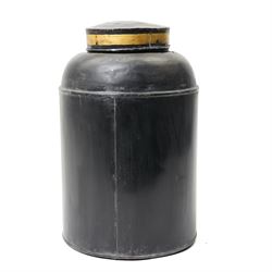 Regency period black toleware canister, painted with a scene of a castle with mother of pearl inlay, within painted gilt border, H39cm 