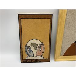 Jasur Orziev (20th century): Couple playing Sitar, miniature gouache signed; African School (20th century): Woman with Bowl on Head, sand on board signed CA together with another sand painting with hands on a globe inscribed Abaraka max 29cm x 23cm (3)