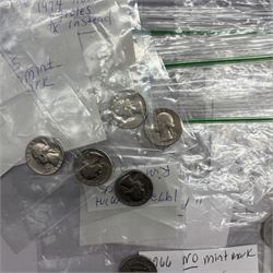 Collection of United States of America coins, 1965 onwards, principally quarter dollars, many with alleged minting errors as annotated on labels
