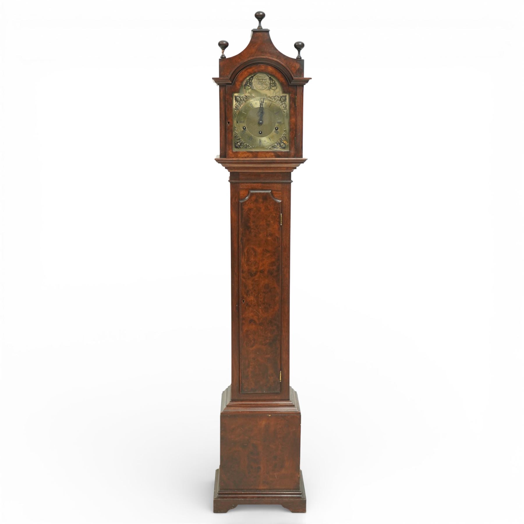  Grandmother clock, the brass dial inscribed 'Walton, Newcastle upon Tyne', with three train movement in burr walnut case on bracket feet  H170cm keys and pendulum