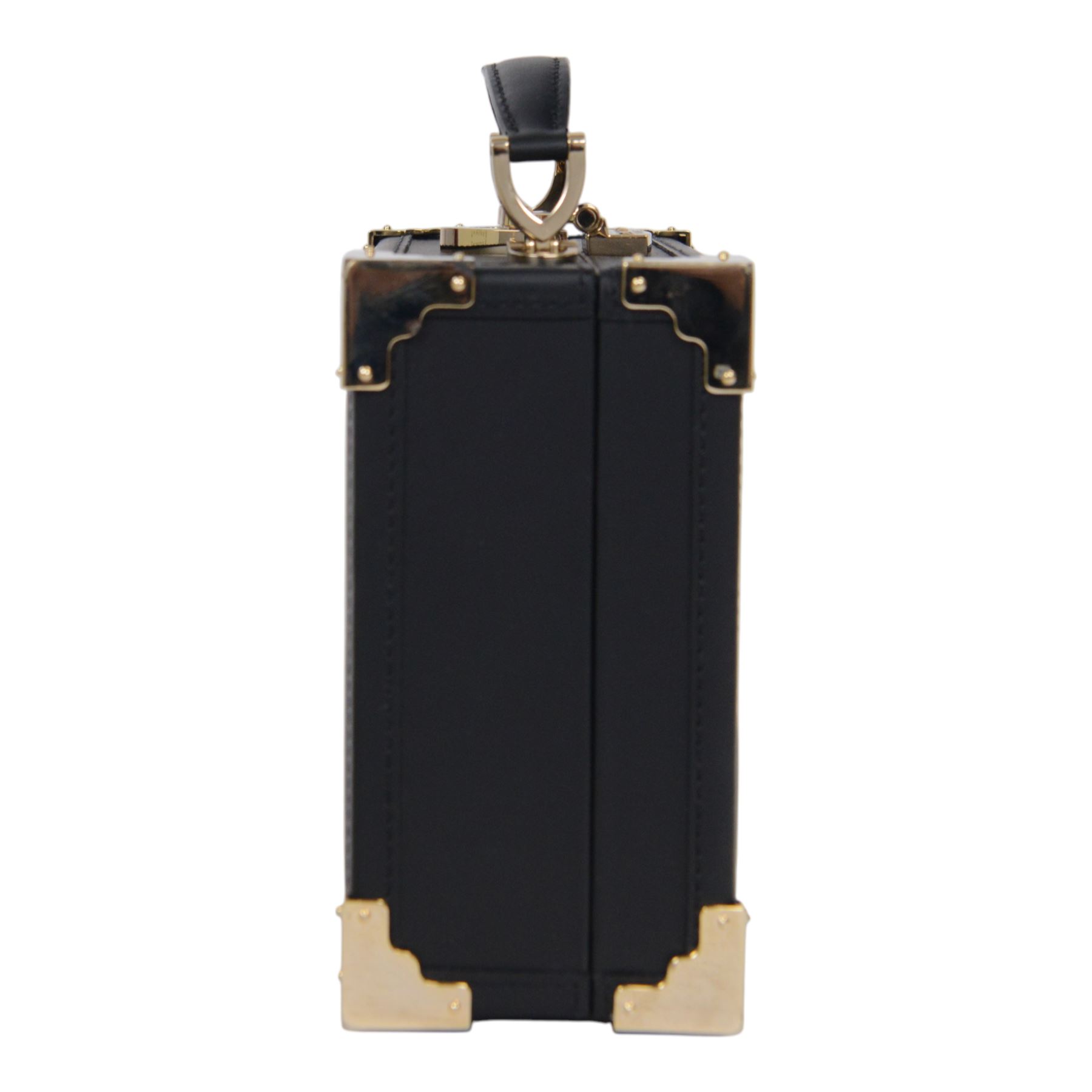 Aspinal of London black leather structured top-handle handbag with gold-tone metal mounts and corner protectors, the hinged lid opening to a fabric-lined interior fitted with a zip pocket and slip compartment, leather brand label stamped Aspinal of London England, fitted with a detachable adjustable leather shoulder strap, accompanied by an Aspinal of London dust bag and presentation box, W19cm D8cm H16cm