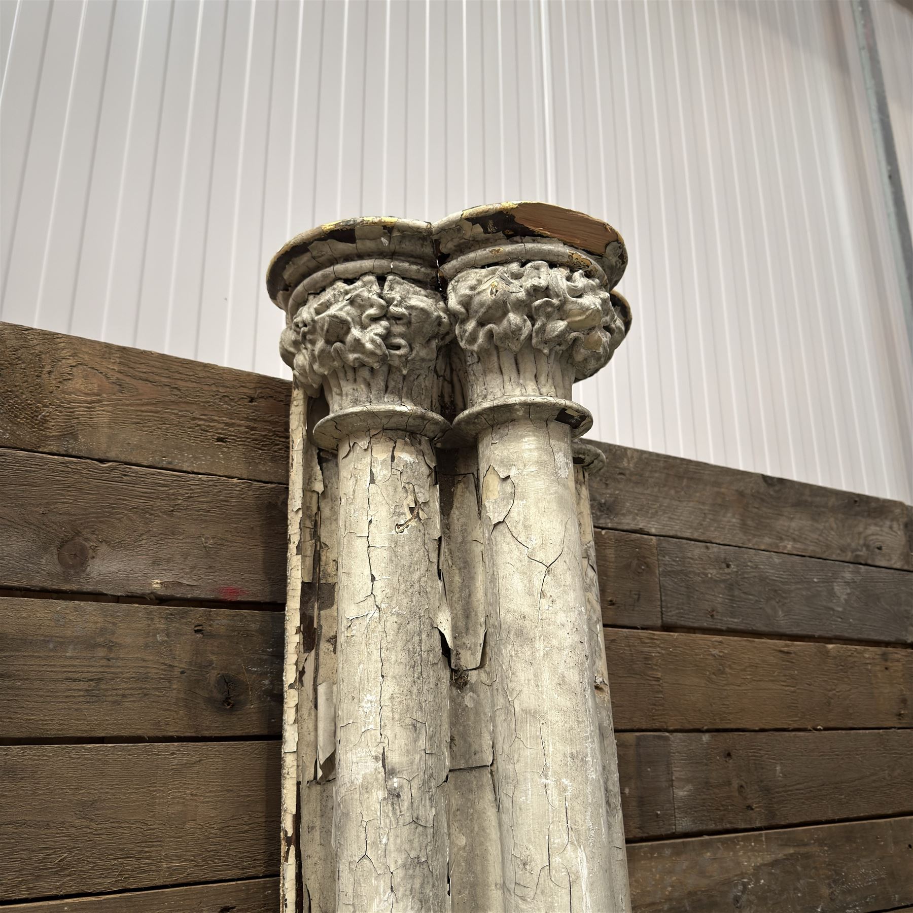 Large 19th century painted pine club shaped column, carved capitals with a cluster of three circular supports, flat back