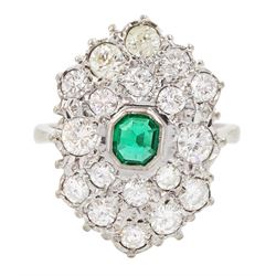 18ct white gold octagonal cut emerald and round brilliant cut diamond cluster ring, stamped, total diamond weight approx 3.30 carat