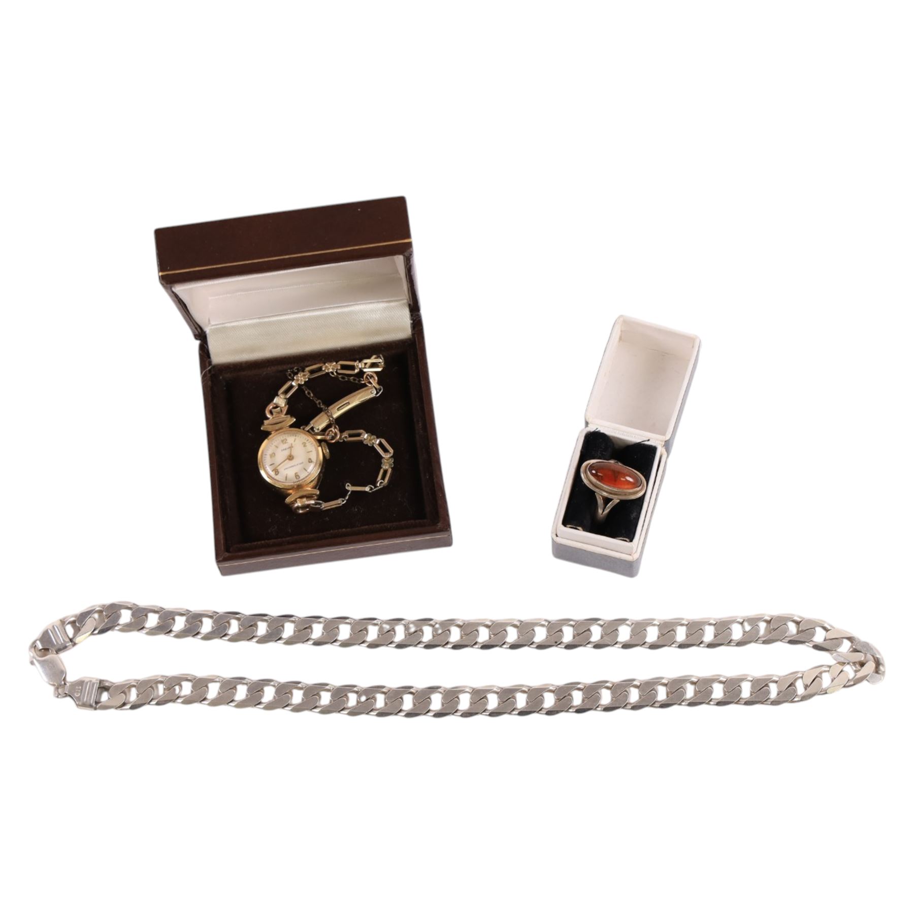 Silver curb link chain, silver Baltic amber ring and a gold plated Premer ladies wristwatch