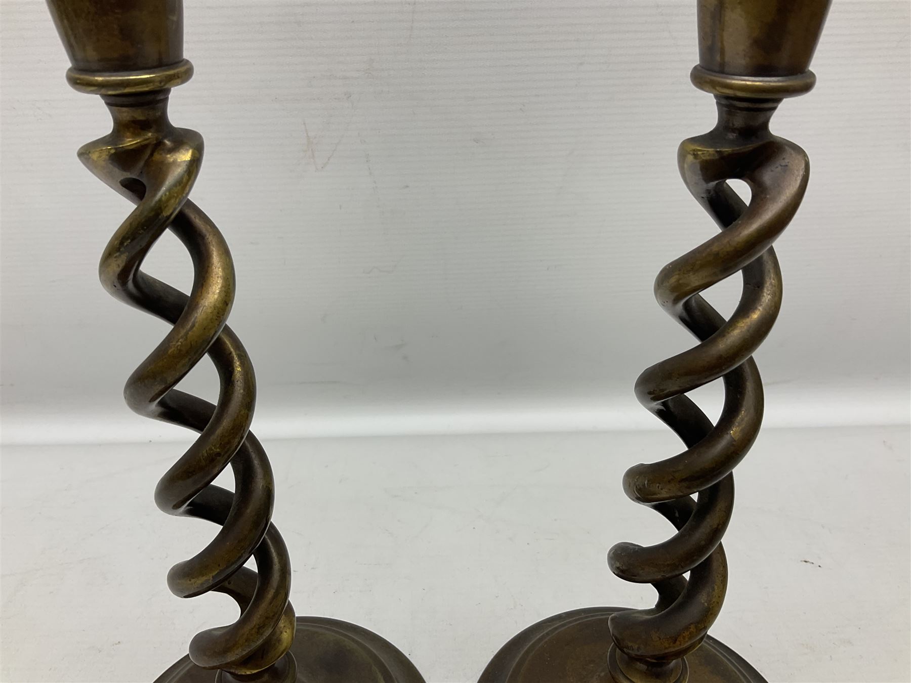 Pair of Victorian brass barley twist candle sticks, H30cm