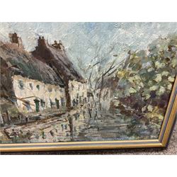 Continental school (20th century); cows watering near lake, together with impressionist school 20th century street scene, two oils on board (2)